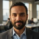 Portrait of a man in a suit smiling in an office environment.