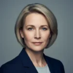 Portrait of a woman with blonde hair wearing a blazer against a neutral background.