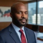 Portrait of a man in a suit and red tie in an office setting.