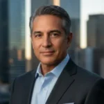 Portrait of a man in a dark suit standing with a city skyline behind him.