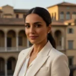 Portrait of a woman in a light-colored blazer standing outdoors near architectural buildings.