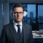Portrait of a man wearing glasses and a suit in an office environment.