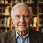Portrait of an elderly man in a library setting with shelves of books behind him.