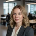 Portrait of a woman with blonde hair wearing a blazer in an office setting.